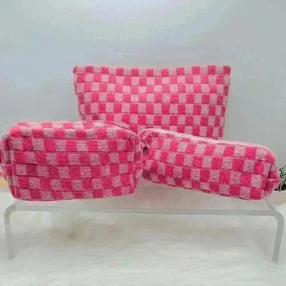 Pink Checkered Bundle Travel Cosmetic and or Pencil Pouches